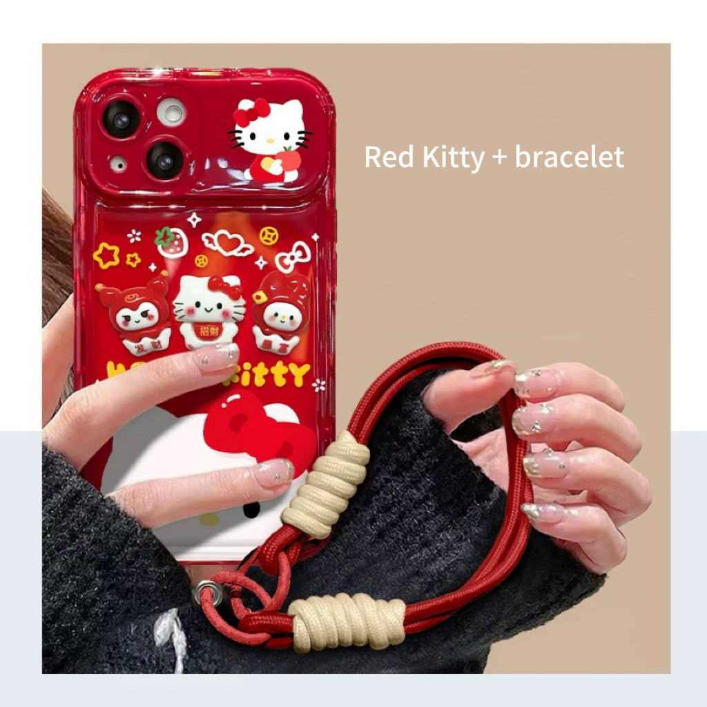 Red Kitty Kuromi flip phone case with mirror holder