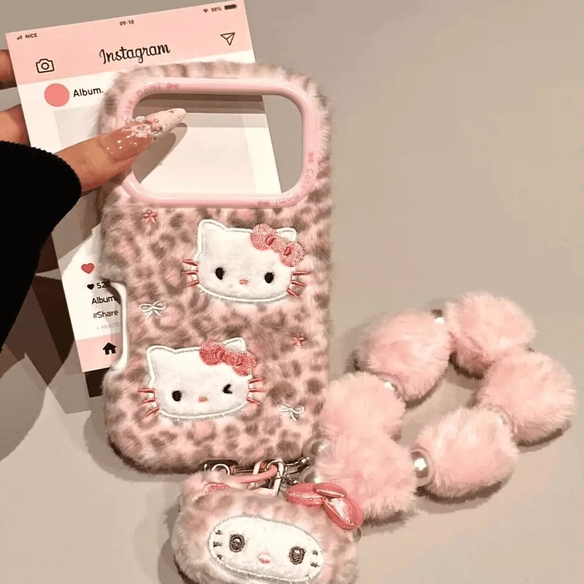 Cute Fluffy Pink Panther & Hello Kitty Lanyard Phone Case