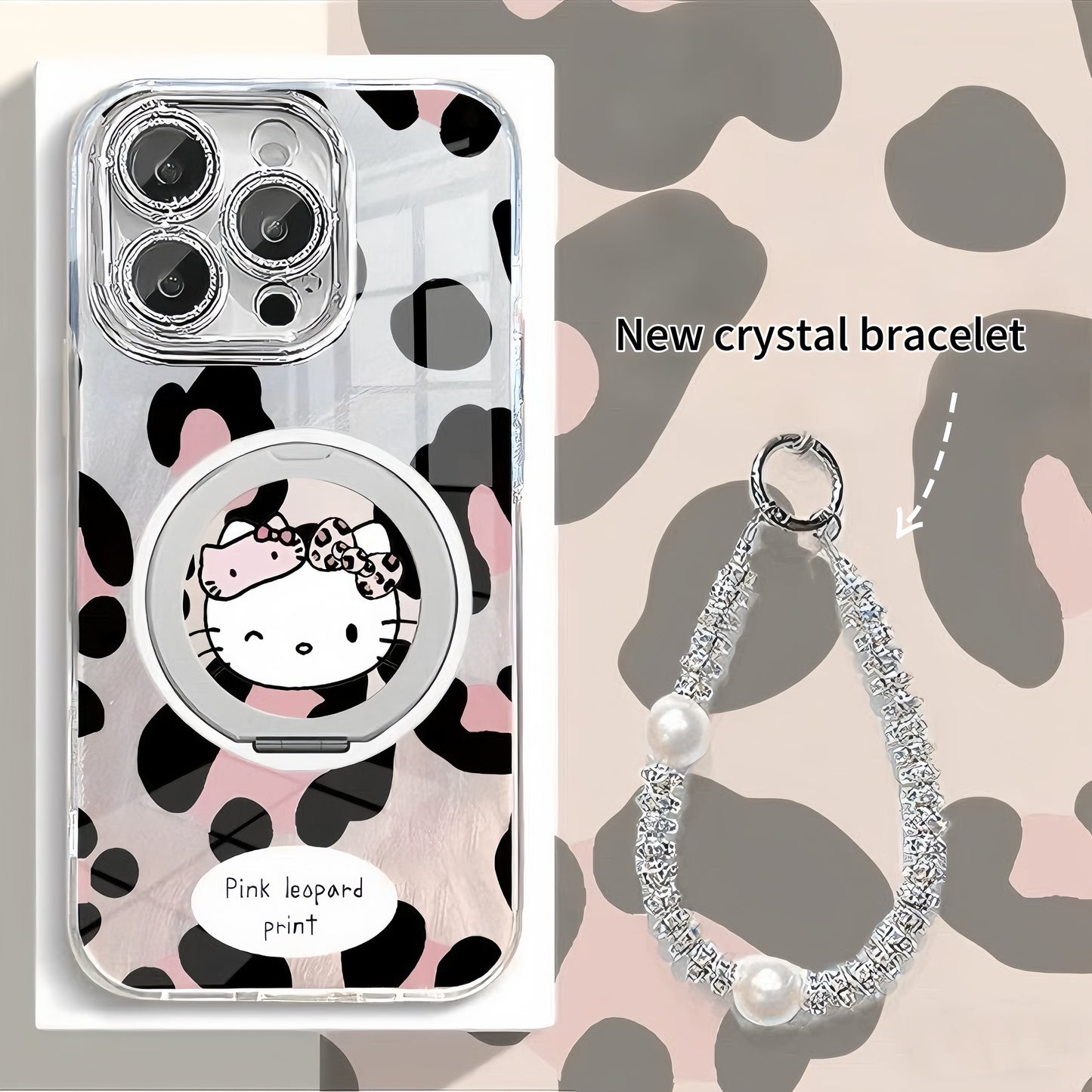 Silver pink leopard print magnetic stand kitty phone case