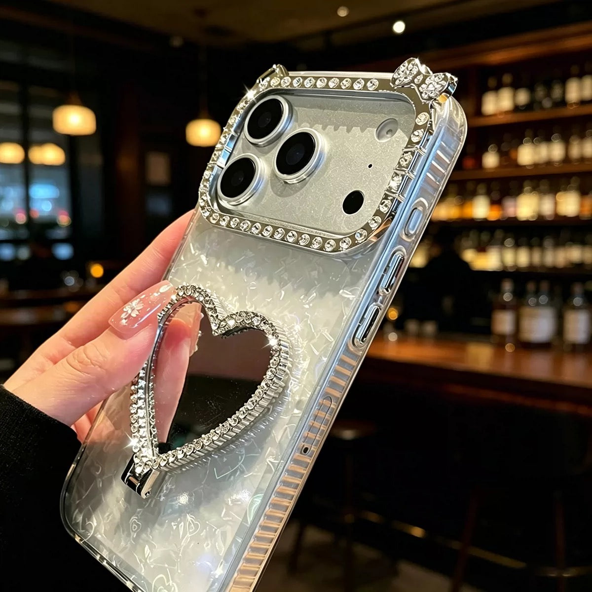 Rhinestone Heart Mirror Stand Phone Case