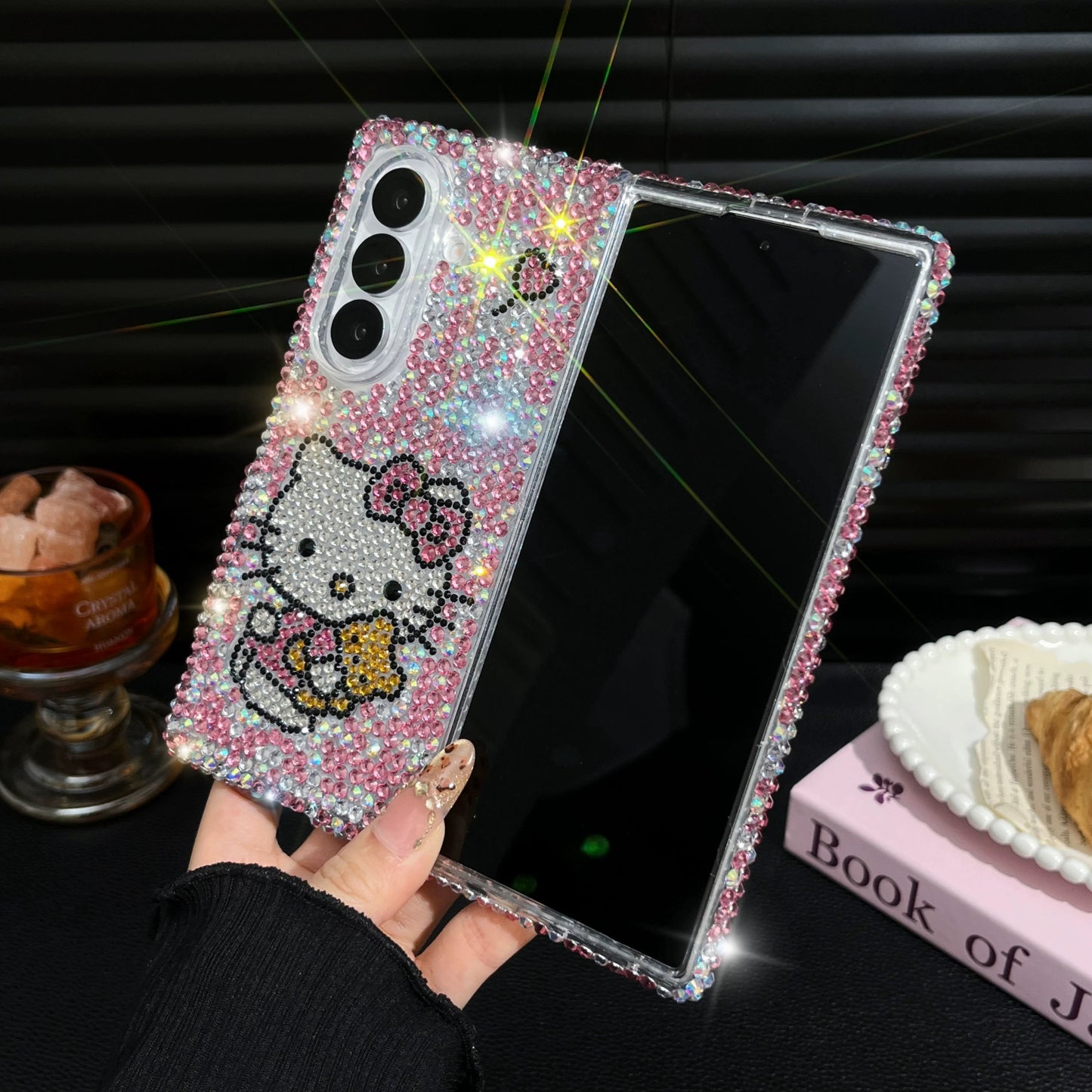 Samsung Galaxy Z Fold7 3D Full-Rhinestone Hello Kitty, Bow, and Chain Phone Case