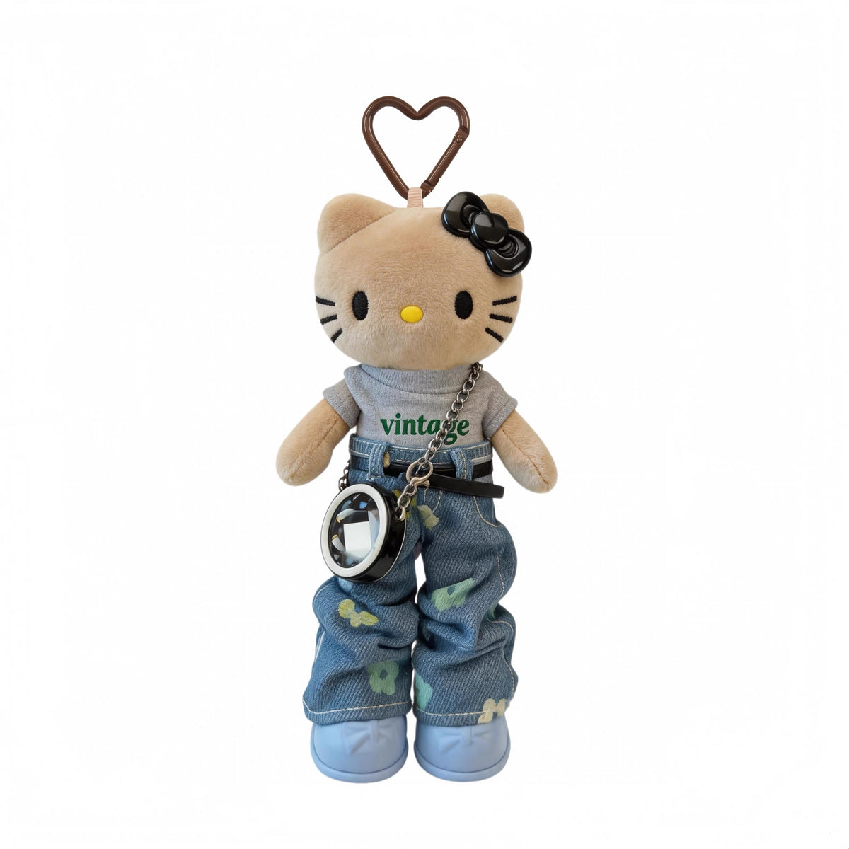 Dark-skinned, long-legged Hello Kitty striped T-shirt & jeans plush doll bag charm
