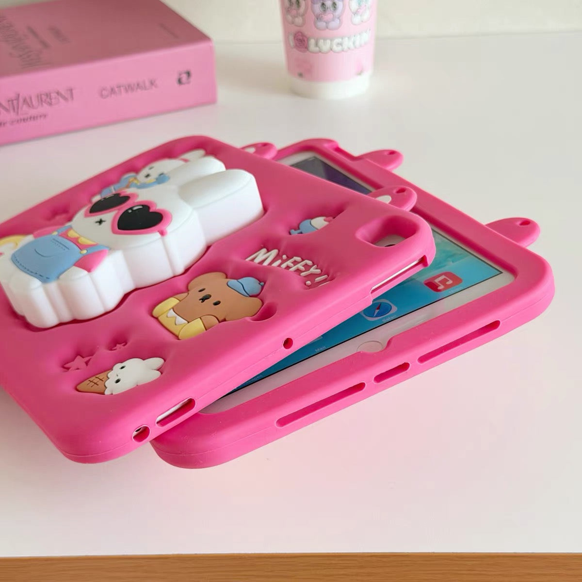 Hot Pink Miffy iPad Case with Pen Slot and 360-Degree Rotating Foldable Stand