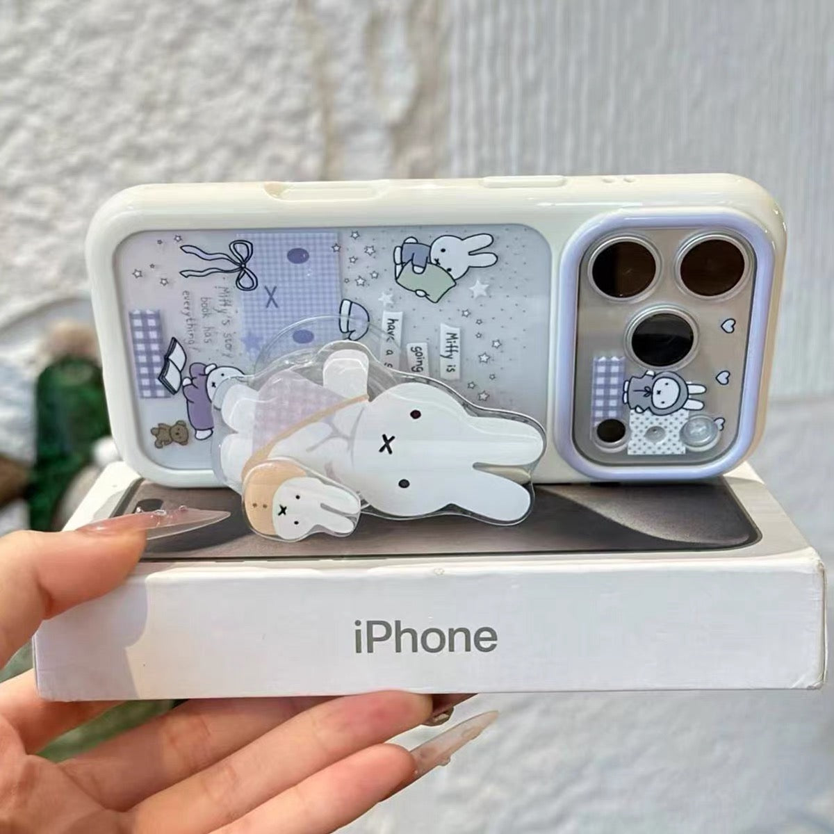 Purple Plaid Rabbit Figure Kickstand Phone Case