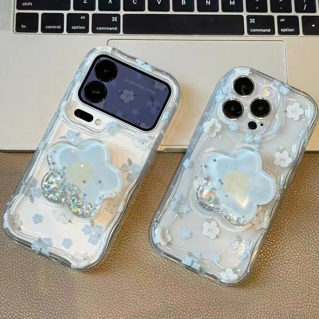 Blue and white floral phone case with a stand