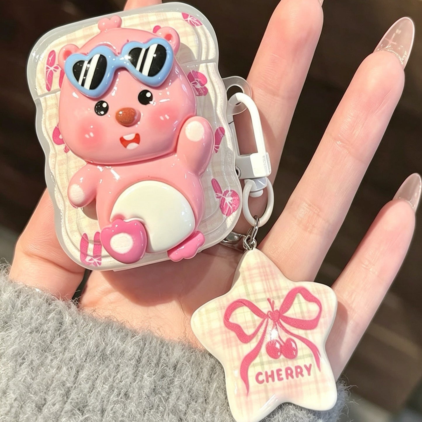 Ruby Sunglasses (Pink Plaid) + Star and Bow Charm Earphone Case