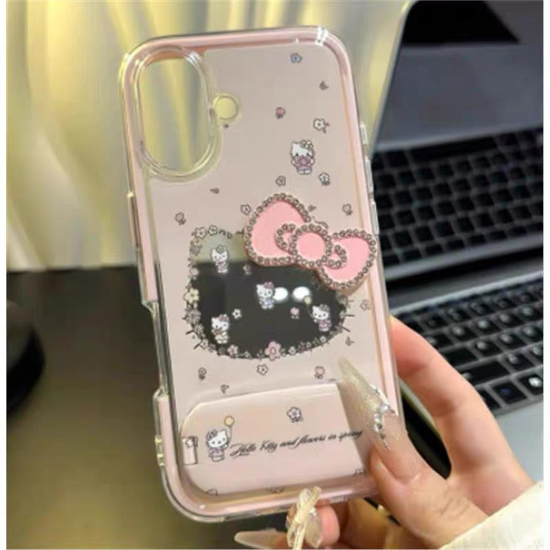 New Rhinestone-Studded Hello Kitty Bow Mirror Stand Phone Case