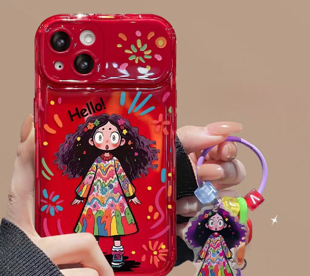Colorful curly-haired girl portable mirror phone case