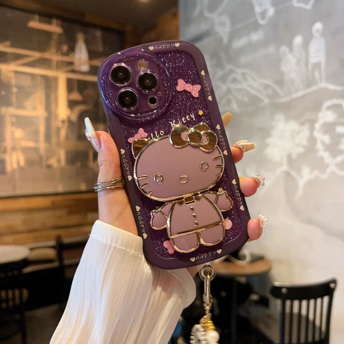 Cartoon Hello Kitty Phone Case with Mirror, Kickstand, and Wrist Strap