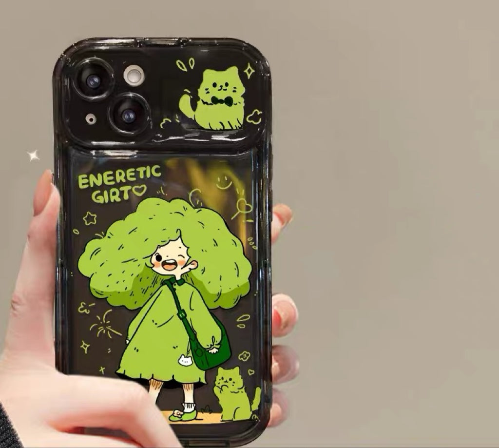 Green-haired girl mirror-lid phone case with charm