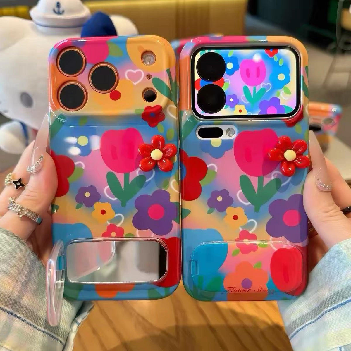 Dopamine-style 3D floral mirror-stand phone case