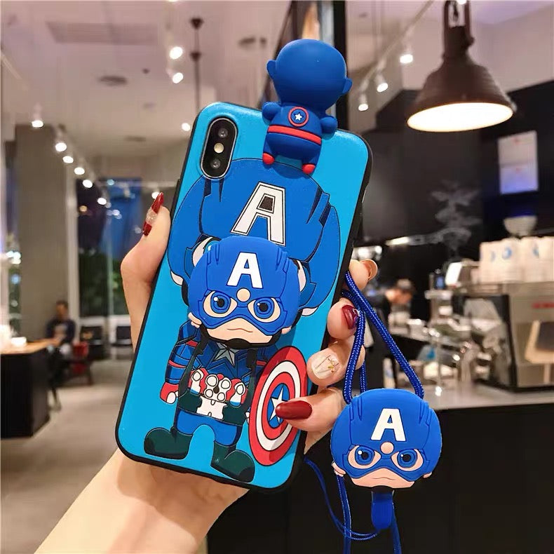 Cartoon Spider-Man, Iron Man, and Batman Phone Case with Kickstand and Lanyard