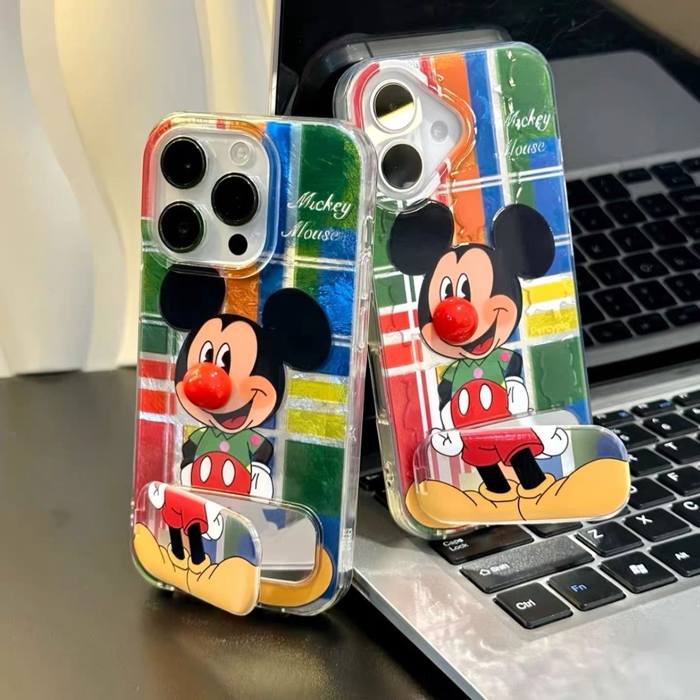 Color-block Mickey Clown Mirror Stand Phone Case