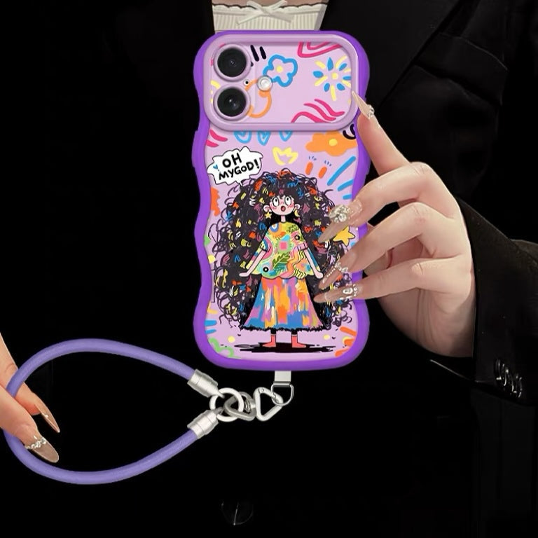 Colorful messy-haired girl + phone case with lanyard