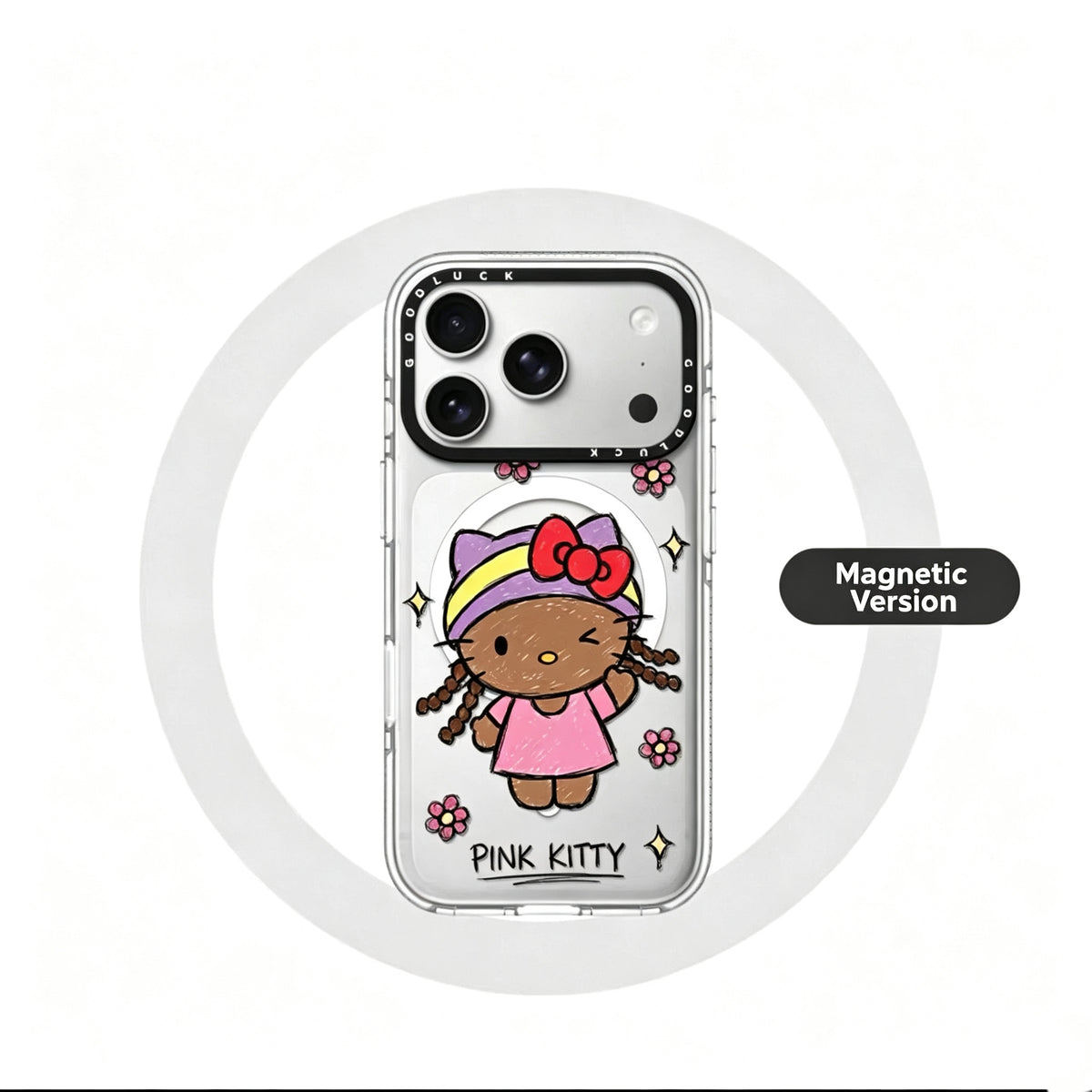 Graffiti bun hairstyle with curly hair, black leather Kitty flower magnetic phone case