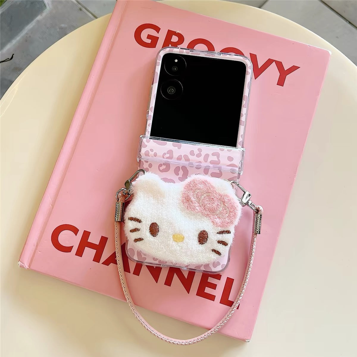 Cute pink leopard-print plush foldable phone case for Android