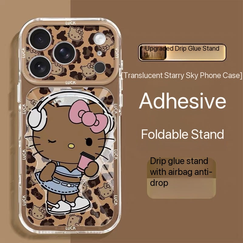 Leopard-print transparent starry-pattern phone case with cat-shaped stand.