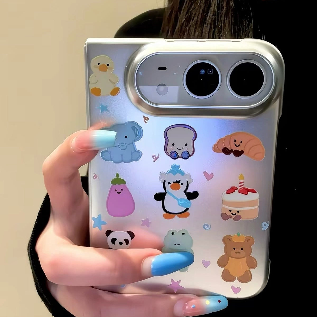 Cute cartoon electroplated silver all-over Jellycat animal print case for iPhone Duo foldable phones.
