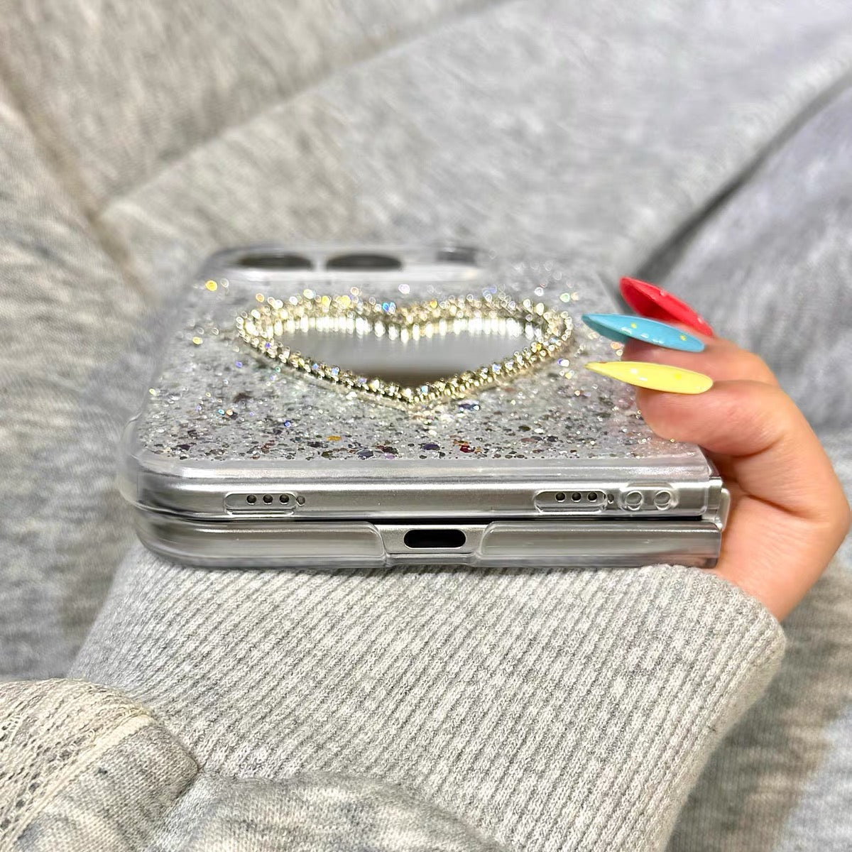 Sophisticated-Style Glitter, Sequin, and 3D Rhinestone Heart-Mirror Case for iPhone and Duo-Series Foldable Phones