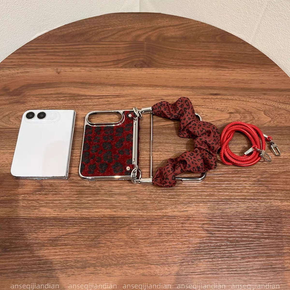 iPhoneDuo Burgundy Plush Leopard-Print Magnetic Side-Clasp Spring-Hinge Case for Foldable Phones