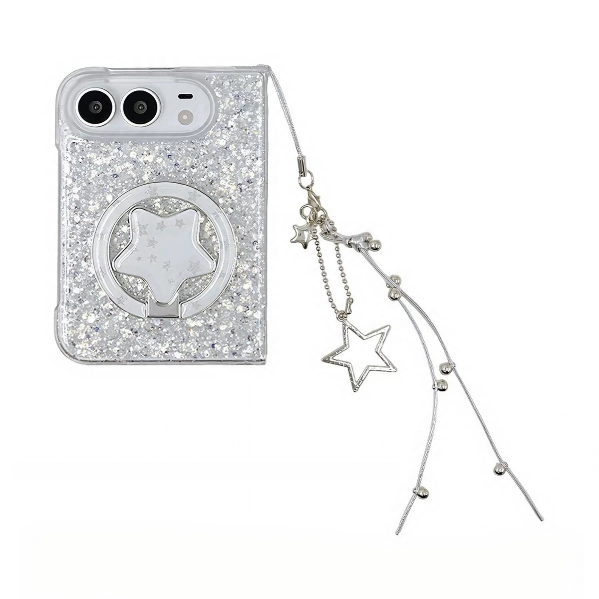 Dreamy silver-glitter star-themed phone cases, available for iPhone Duo and Android foldable phones.
