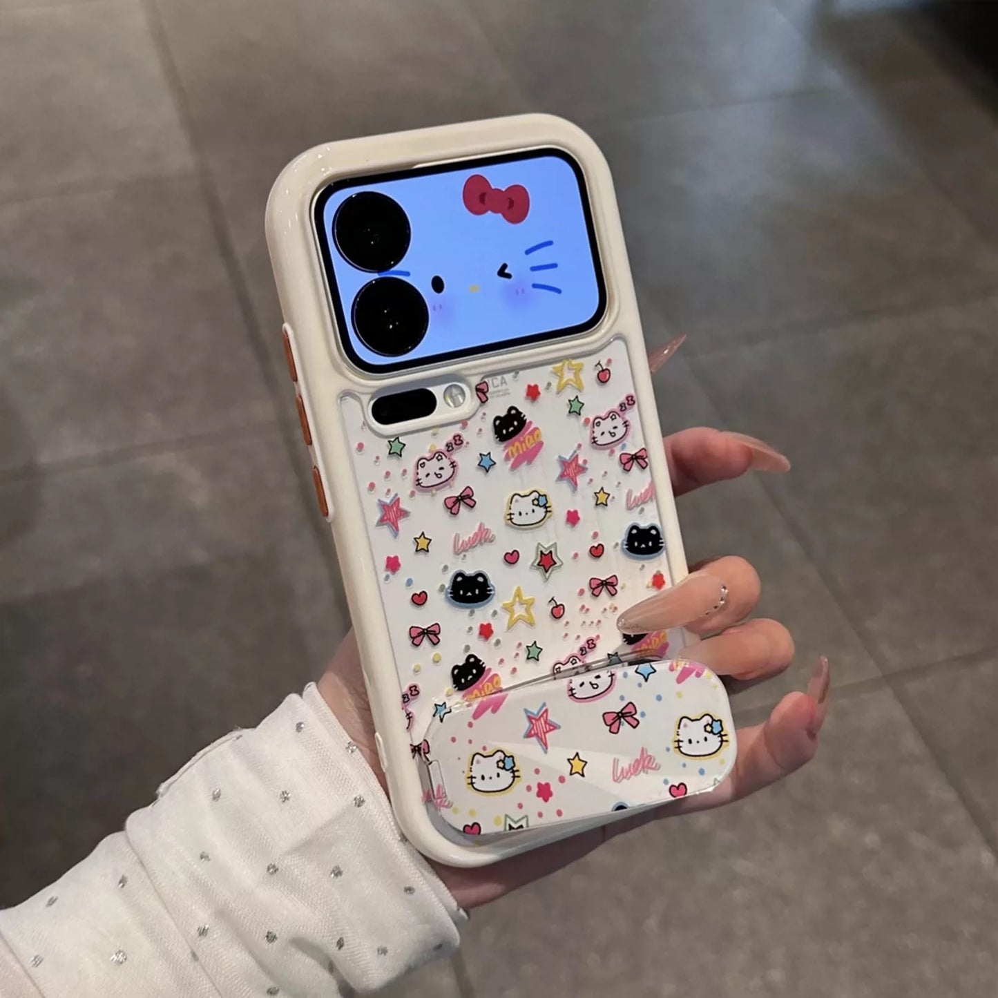 星柄の白黒猫スタンド付きスマホケース