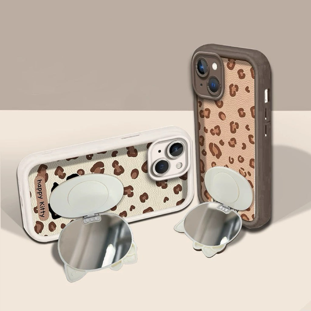 Rotating leopard print Kitty mirror and stand phone case