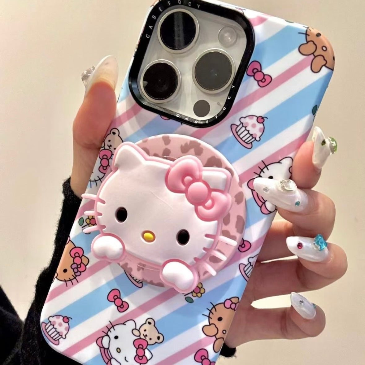 Pink and blue striped Kitty cat magnetic holder phone case
