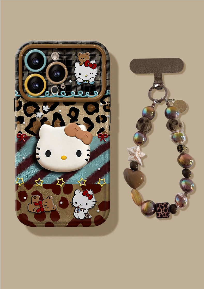 Leopard Print Hello Kitty Flip Phone Case with Mirror and Stand
