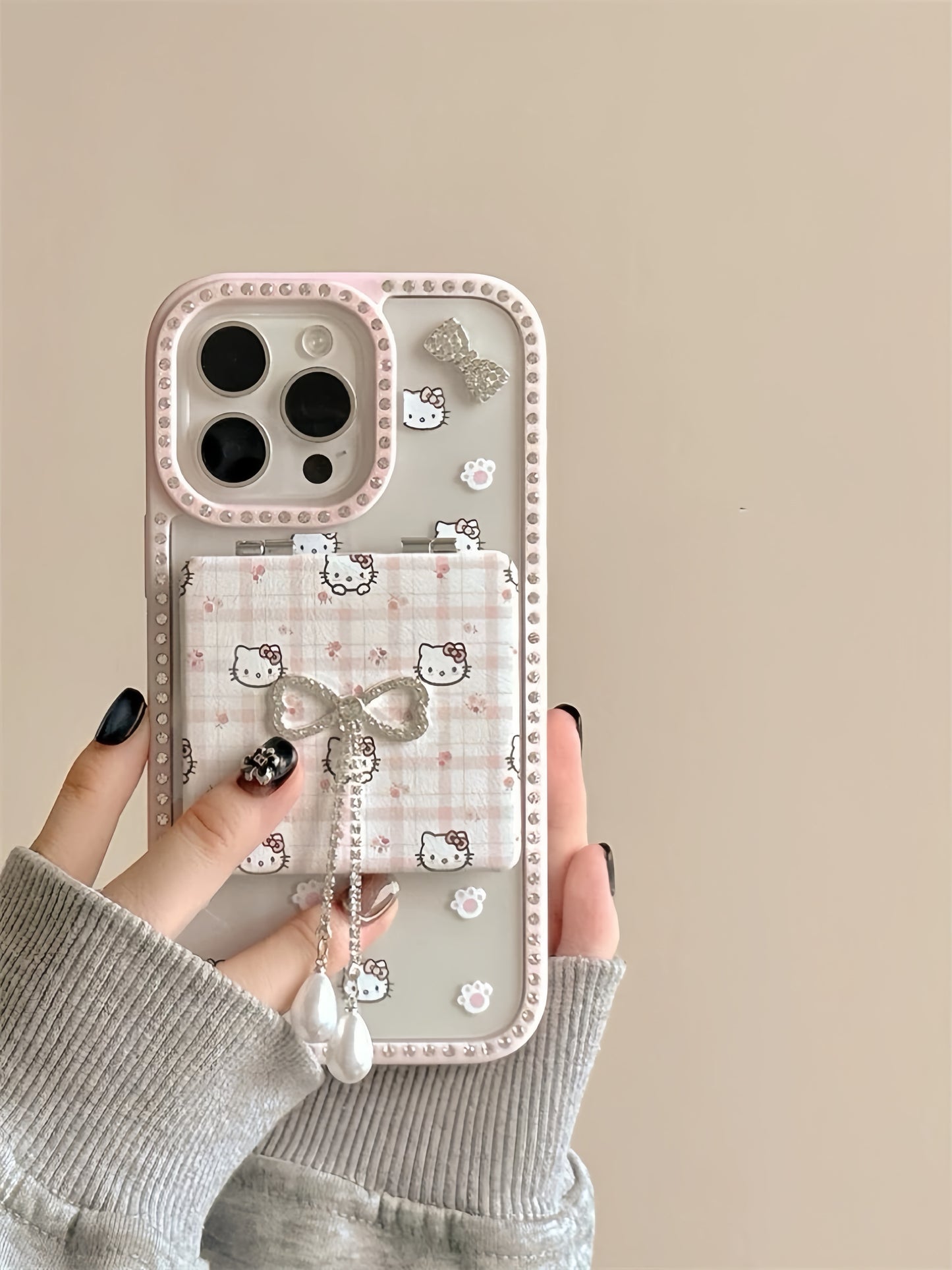 Pink Kitty Bow Phone Case with Mirror Holder