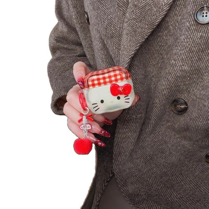 Cartoon plaid bowkity cat earphone cover