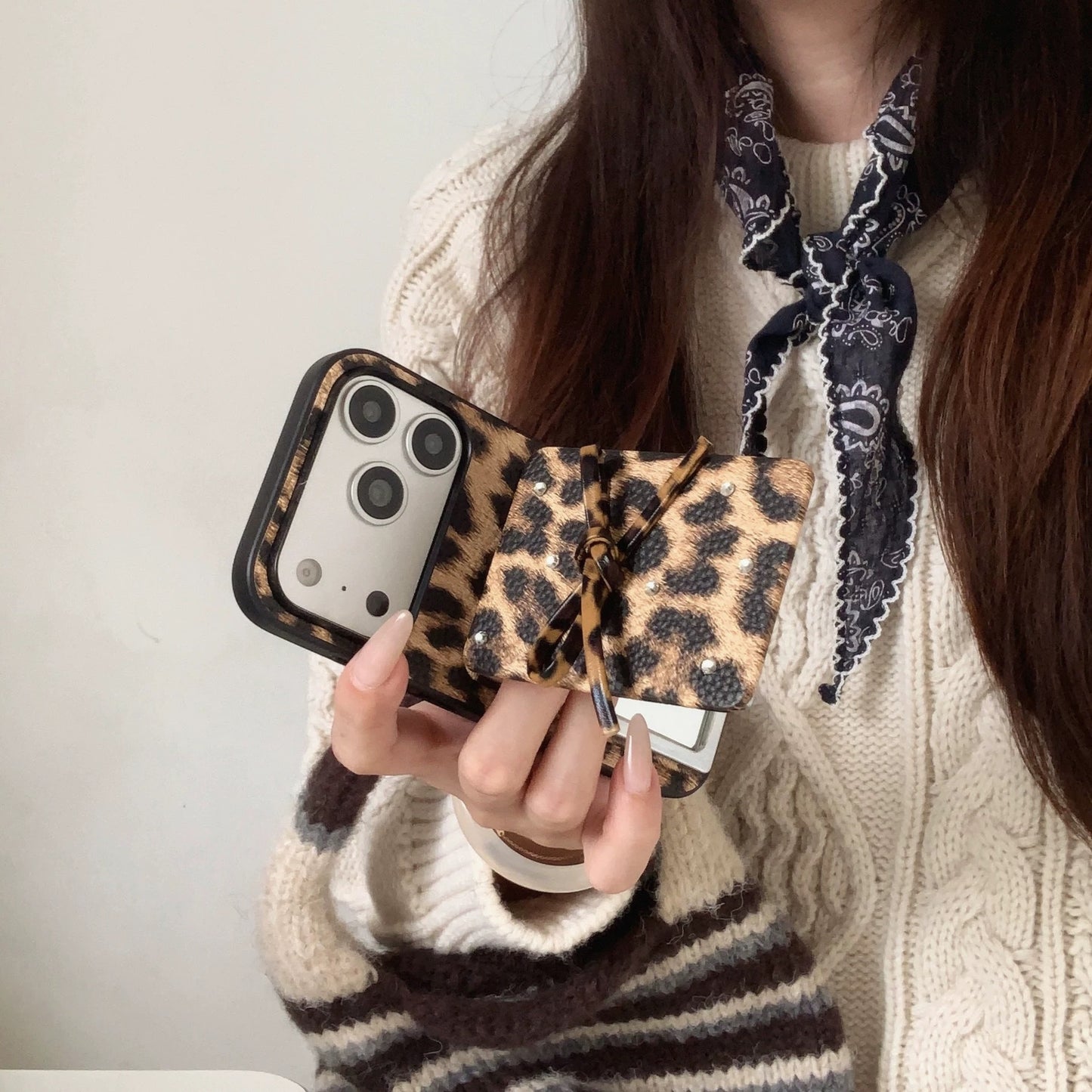 Leopard Print Bow Flap Mirror Phone Case