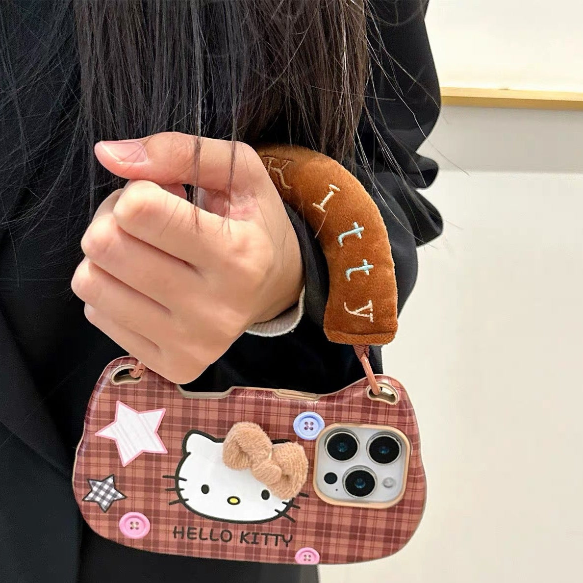 Bag-Style Plaid Hello Kitty Lanyard Phone Case