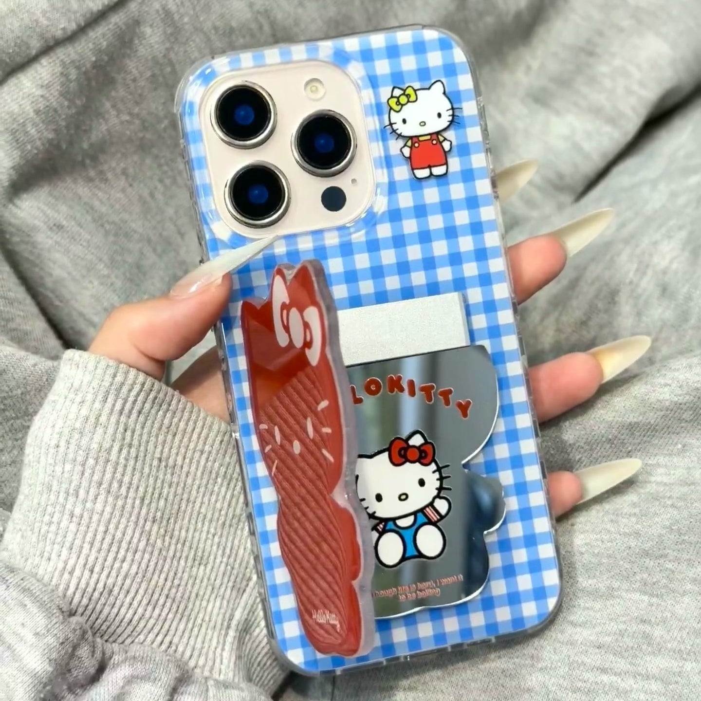 kT cat blue plaid phone case with mirror holder
