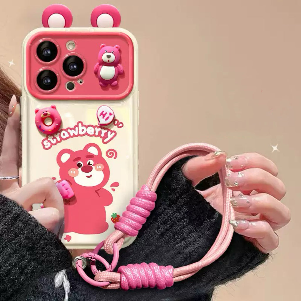 White Strawberry Bear Flip Phone Case with Mirror and Stand