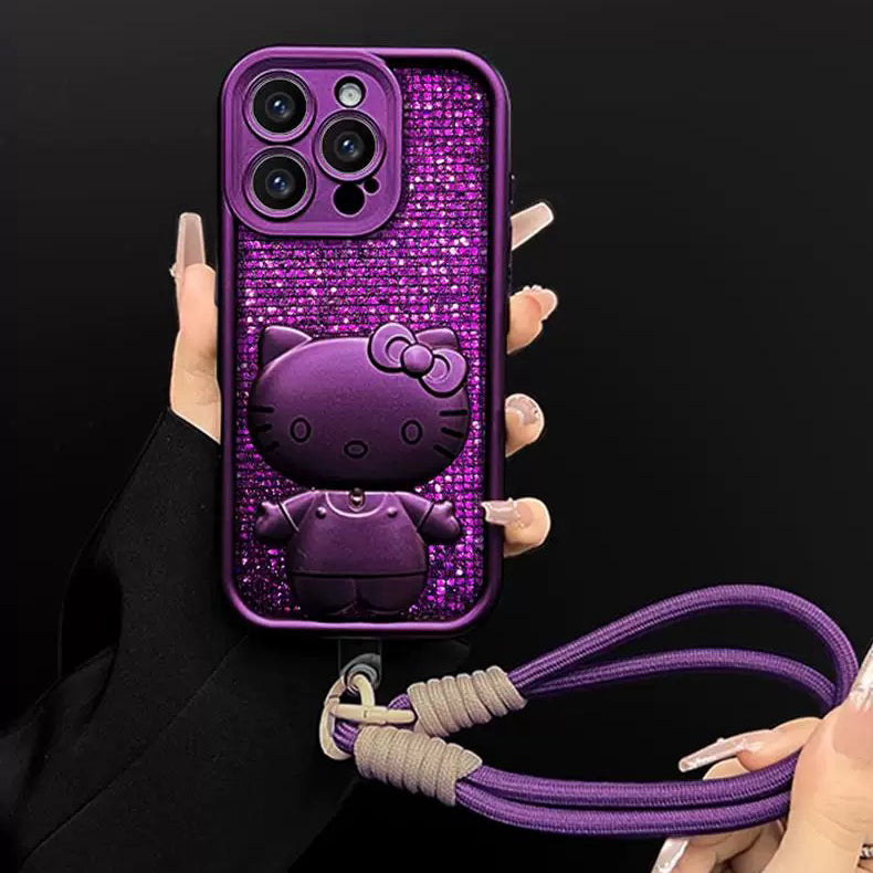 Purple rotating Kitty phone case with mirror and stand