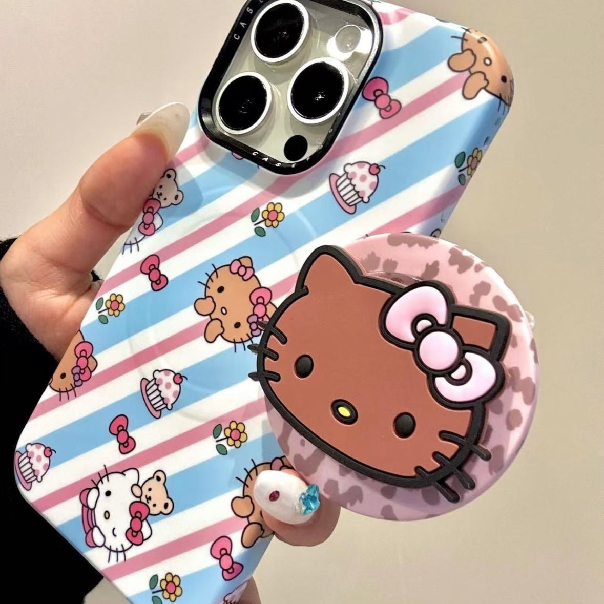 Pink and blue striped Kitty cat magnetic holder phone case