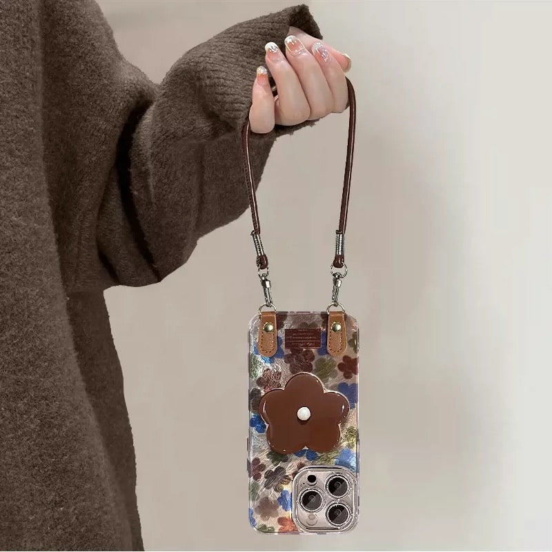 Retro Floral Phone Case with Kickstand, Leather Buckle, and Lanyard