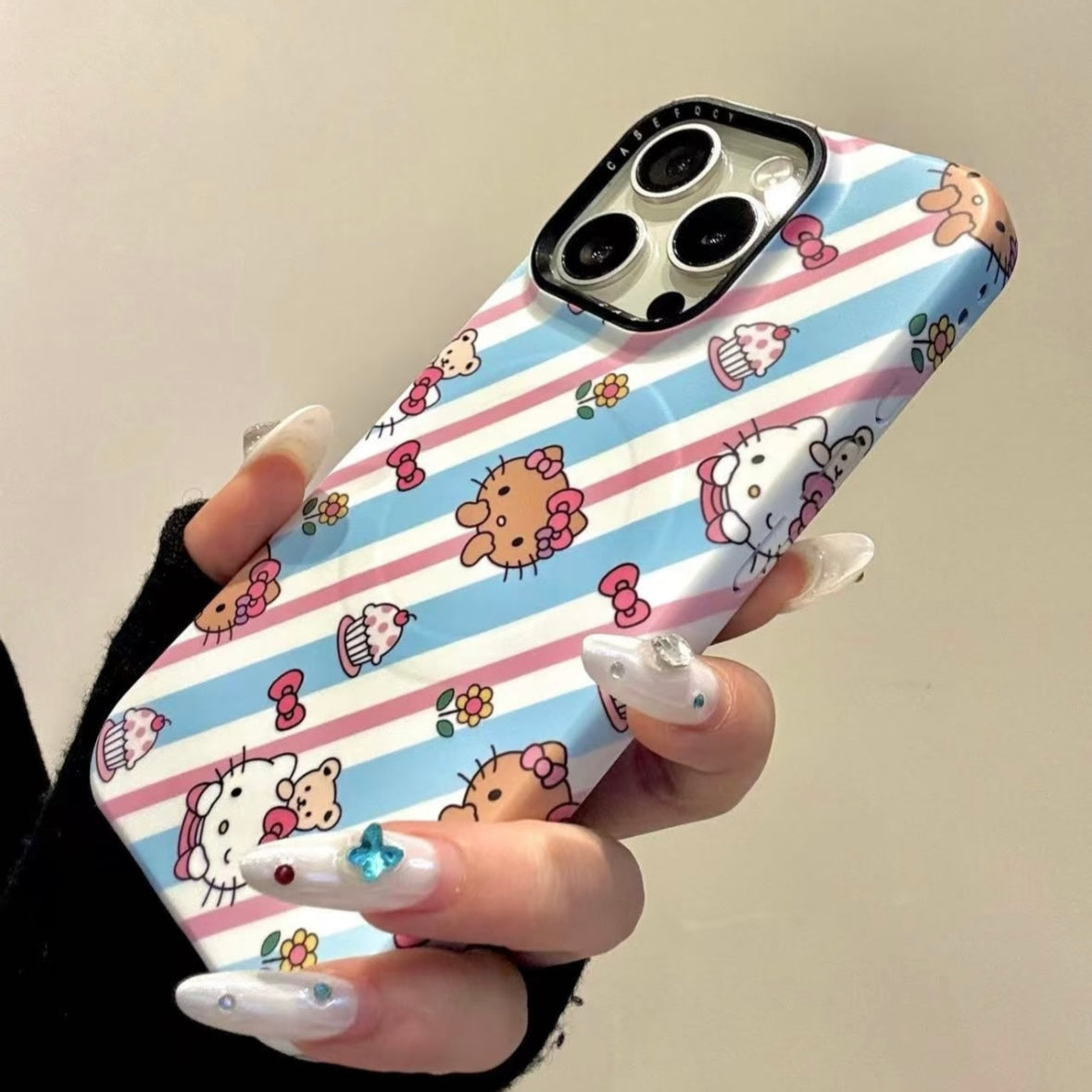 Pink and blue striped Kitty cat magnetic holder phone case