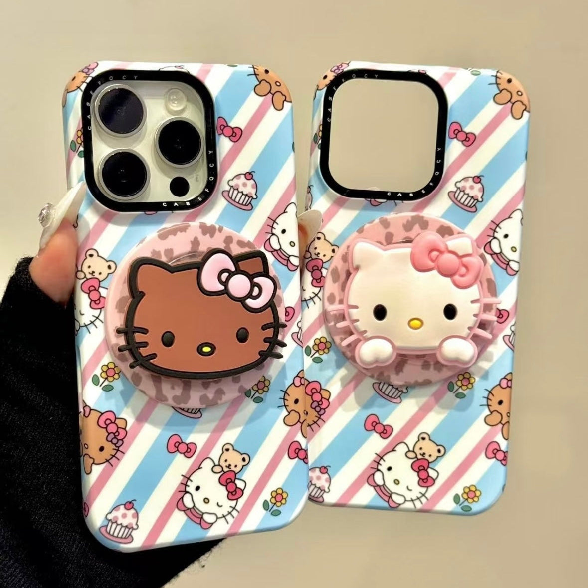 Pink and blue striped Kitty cat magnetic holder phone case