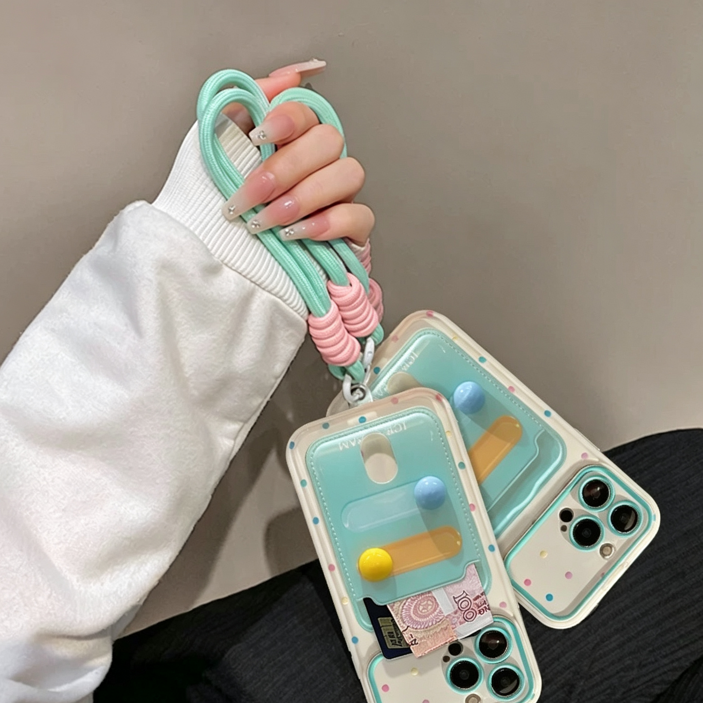 Fresh Polka-Dot Portable Mirror and Card Holder Phone Case