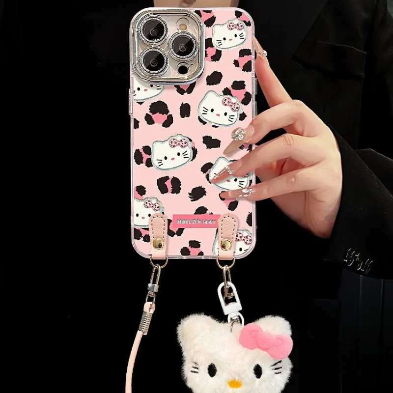 Leopard print Hello Kitty plush phone case