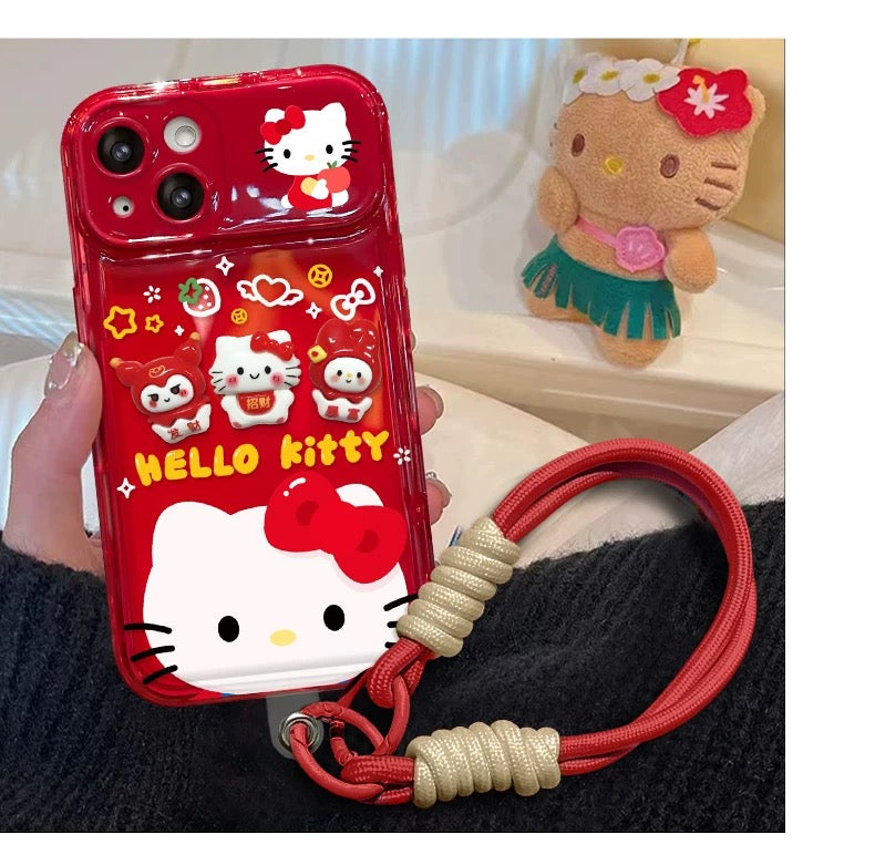 Red Kitty Kuromi flip phone case with mirror holder