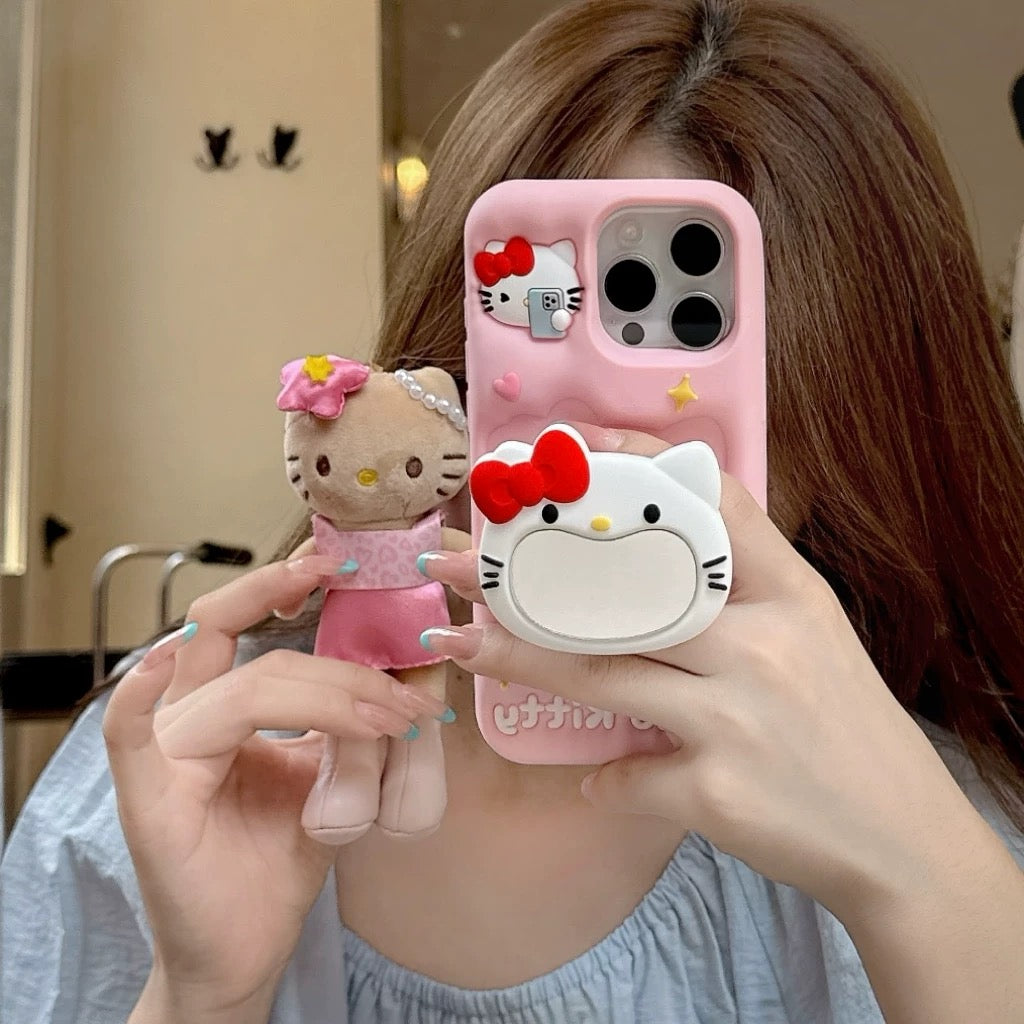Cartoon Mirror Kityy Cat Telescopic Stand Phone Case
