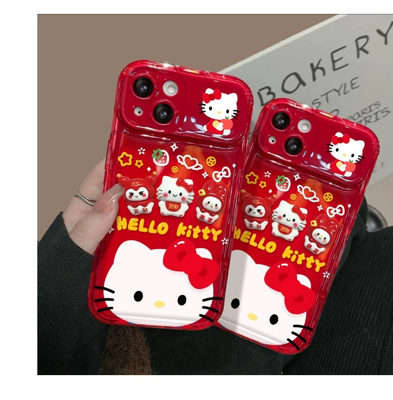 Red Kitty Kuromi flip phone case with mirror holder