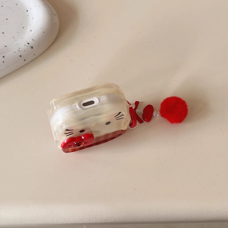 Cartoon plaid bowkity cat earphone cover
