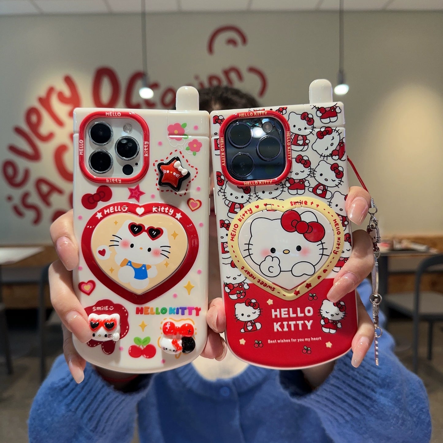 Kitty phone case with heart-shaped flip mirror