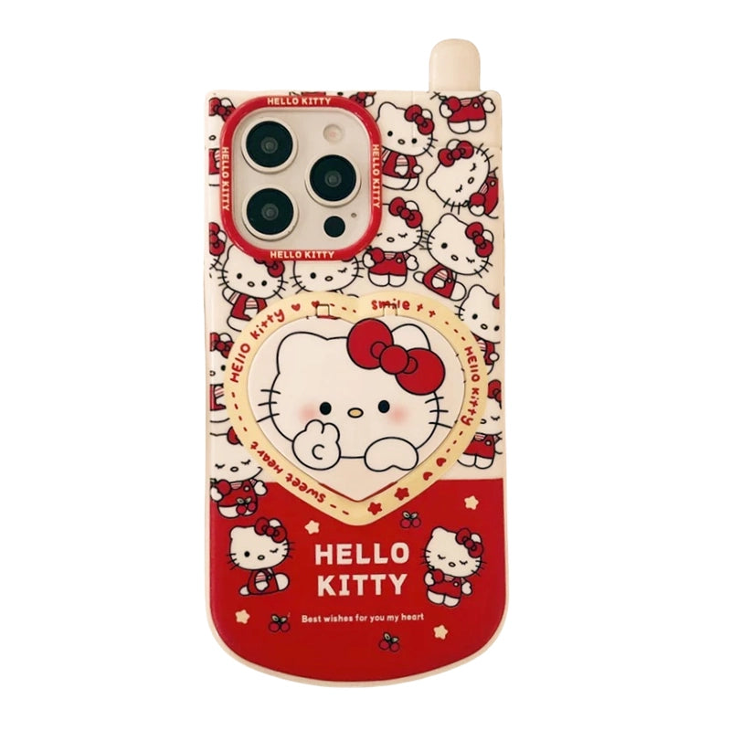 Kitty phone case with heart-shaped flip mirror