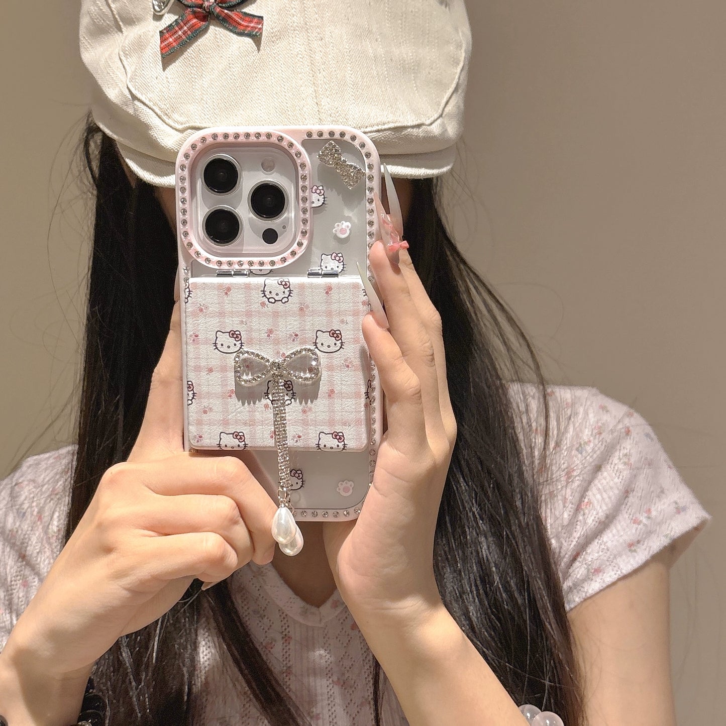 Pink Kitty Bow Phone Case with Mirror Holder
