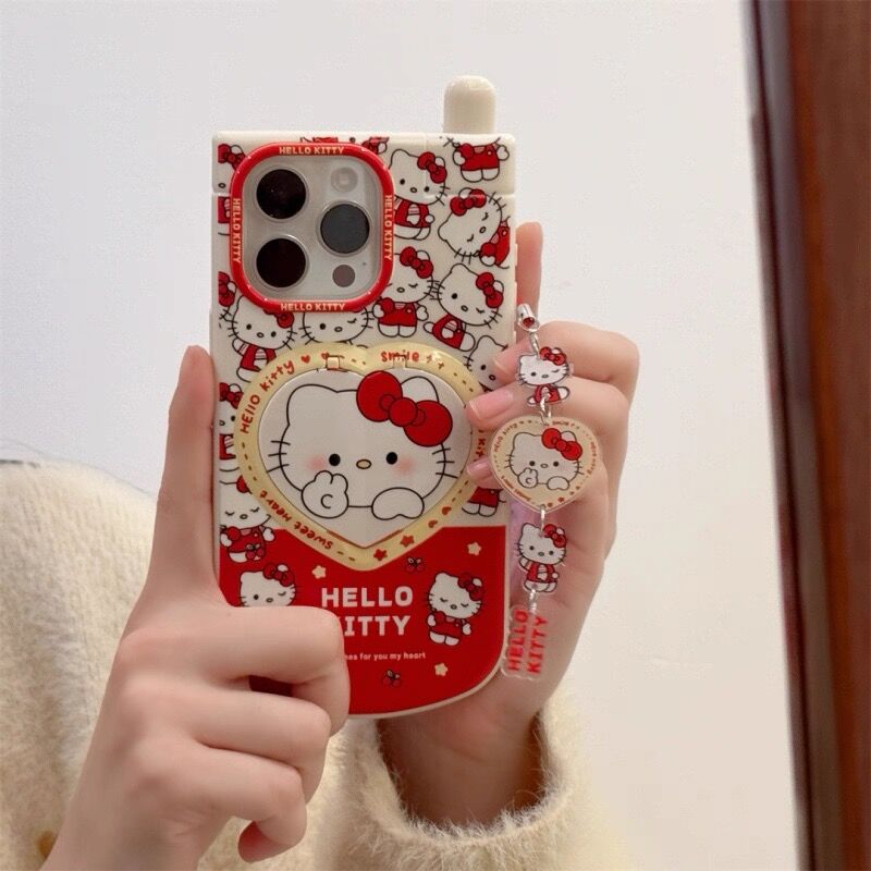 Kitty phone case with heart-shaped flip mirror